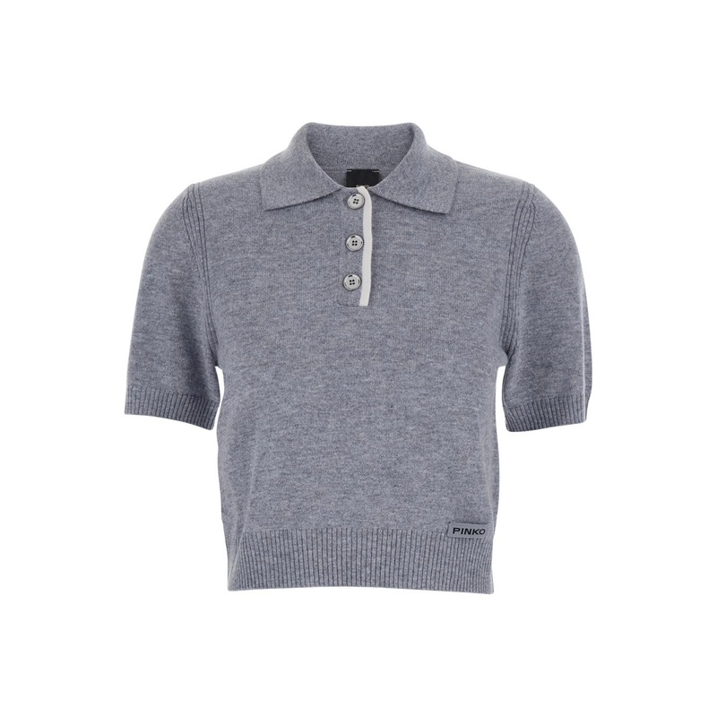Grey Polo Shirt with Logo Patch on the Front and Ribbed Details in Wool Woman