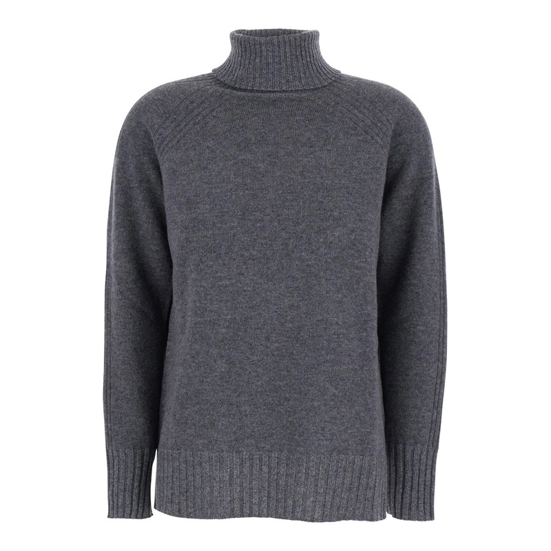 Grey Turtleneck Sweater with Ribbed Details in Wool Woman