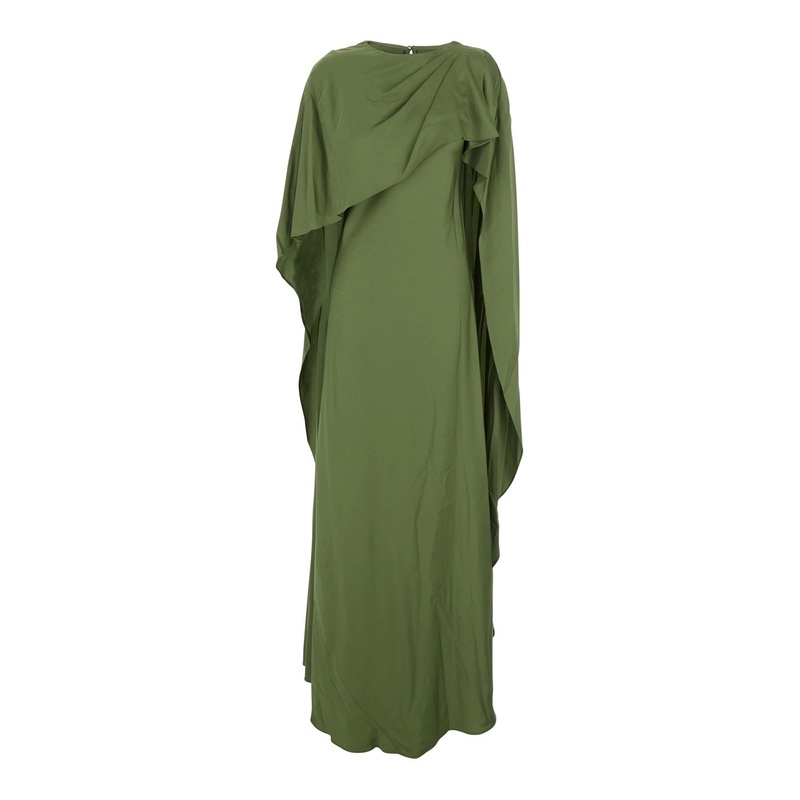 ‘Izel’ Green Long Dress with Cape Detail and Asymmetric Hem in Tech Fabric Woman