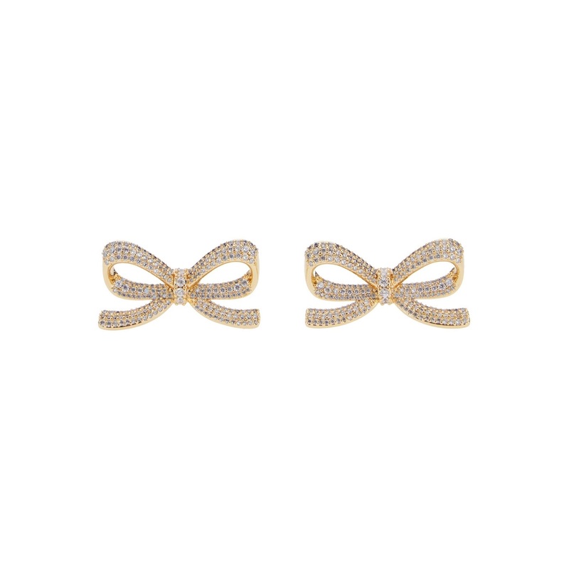 Metallic Bow Shaped Earings with Crystal Embellishments in Gold Plated Brass Woman