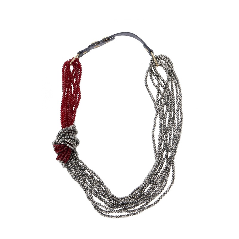 Metallic Necklace with Beaded Design and Strap in Fabric and Beads Woman