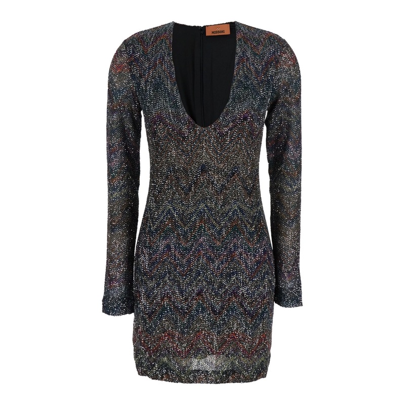 Multicolour Dress with Deep Neckline and All-Over Sequins in Viscose Woman