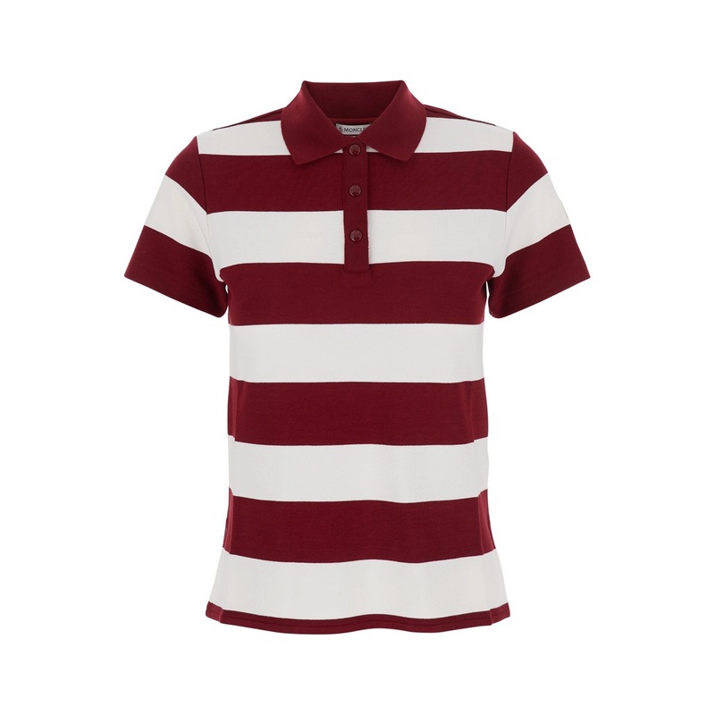 Red Polo Shirt with Logo Patch on the Sleeve and All-Over Striped Motif in Viscose Stretch Woman