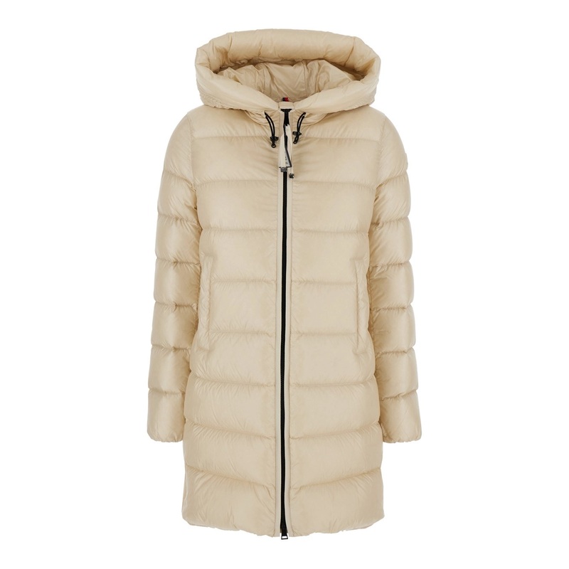 ‘Suyenne’ Beige Down Jacket with Drawstring Hood and Logo Patch on the Sleeve in Tech Fabric Woman