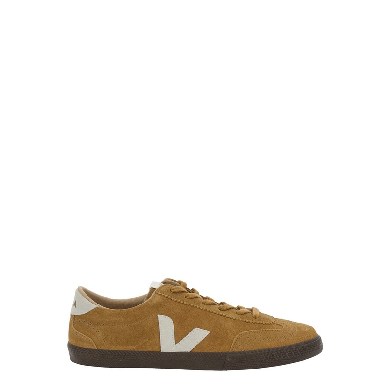 ‘Volley’ Beige Low Top Sneakers with Contrasting Heel with Logo Lettering and Logo Patch on the Side in Leather Unisex