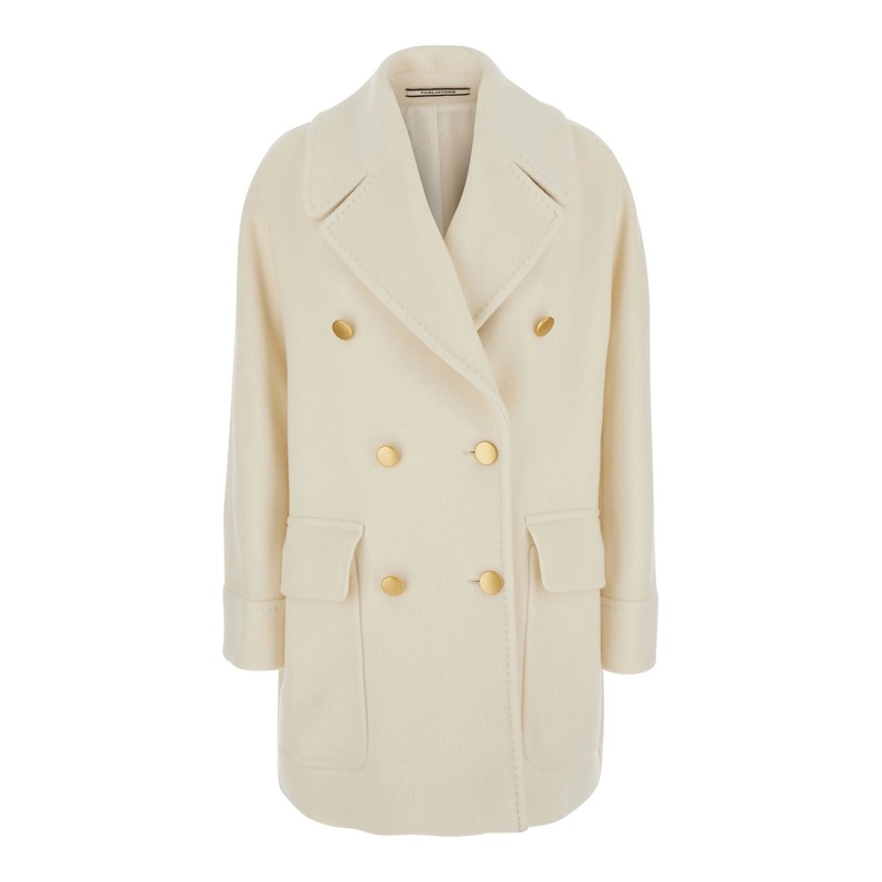 White Double-Breasted Short Coat with Wide Notched Revers in Wool Woman