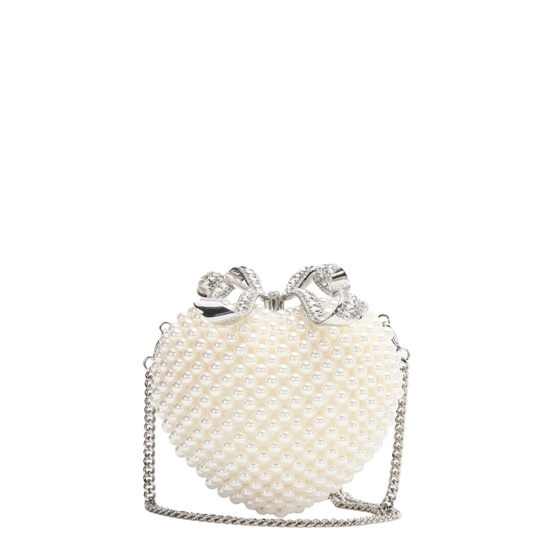 White Heart Shaped Clutch with Pearl Embellishments and Bow Detail in Tech Fabric Woman