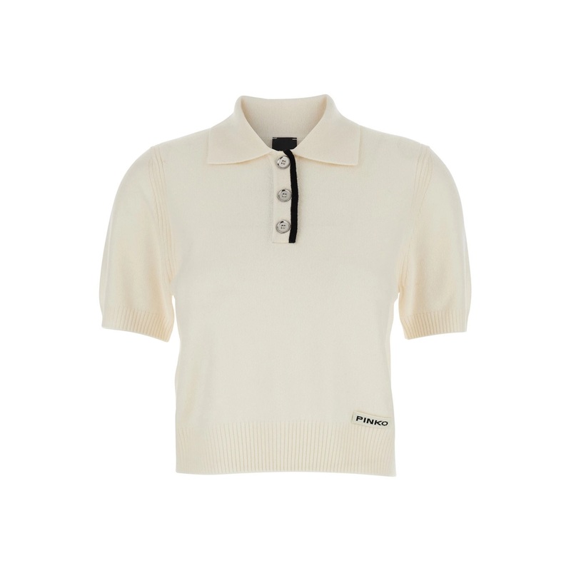 White Polo Shirt with Logo Patch on the Front and Ribbed Details in Wool Woman