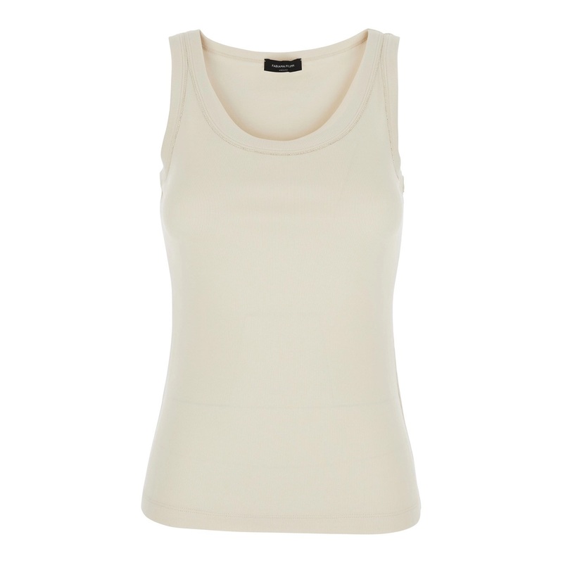 White Sleeveless Top with Round Neck in Cotton Woman