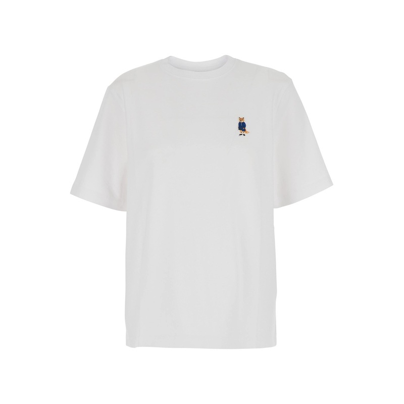 White T-Shirt with Fox Head Patch in Cotton Woman