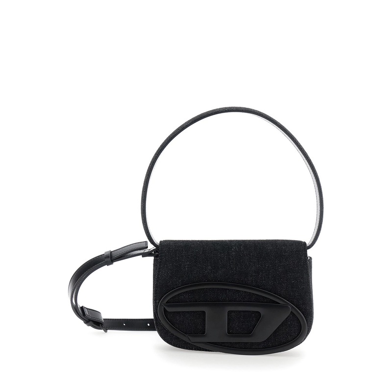 ‘1DR’ Black Shoulder Bag with Oval D Patch in Cotton Woman