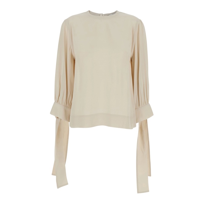 Beige Blouse with Round Neck and Draped Sleeves in Fabric Woman