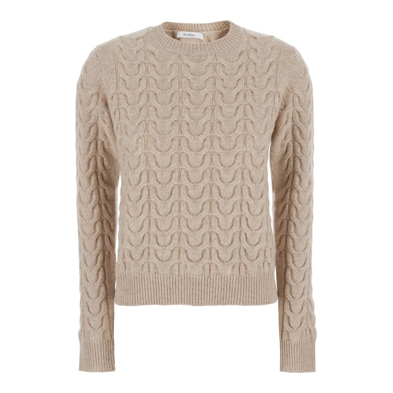 Beige Crew Neck Sweater with All-Over Intarsia in Cashmere Woman