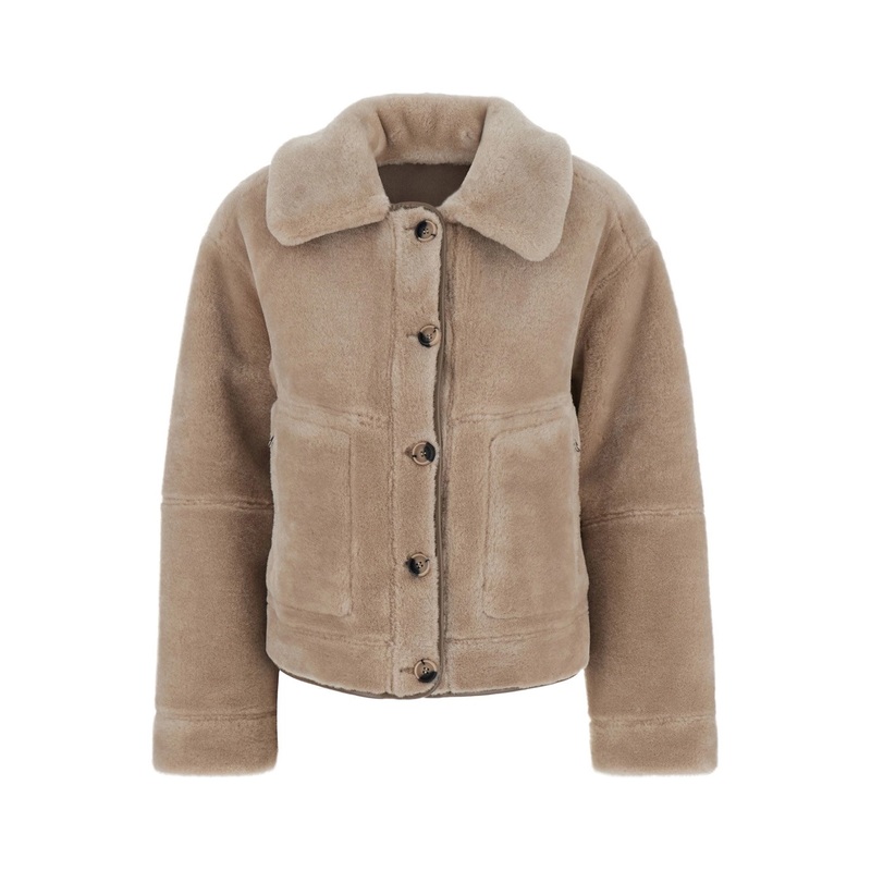 Beige Shearling Coat with Classic Collar and Button Closure in Faux Fur Woman