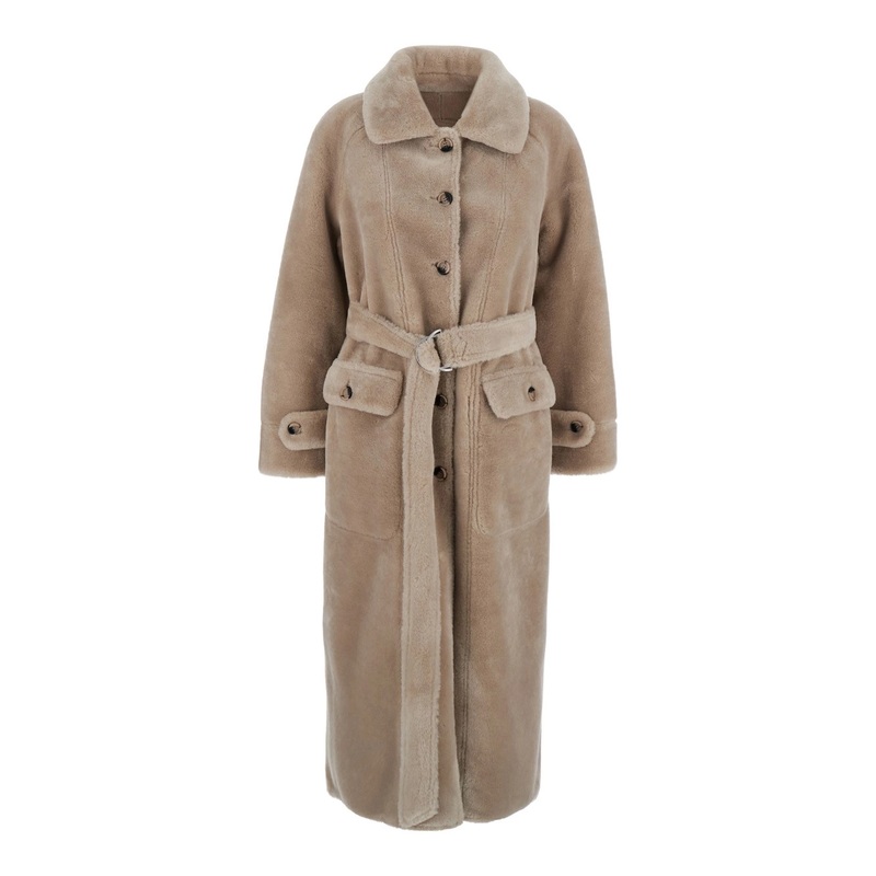 Beige Shearling Coat with Classic Collar and Waist Belt in Faux Fur Woman