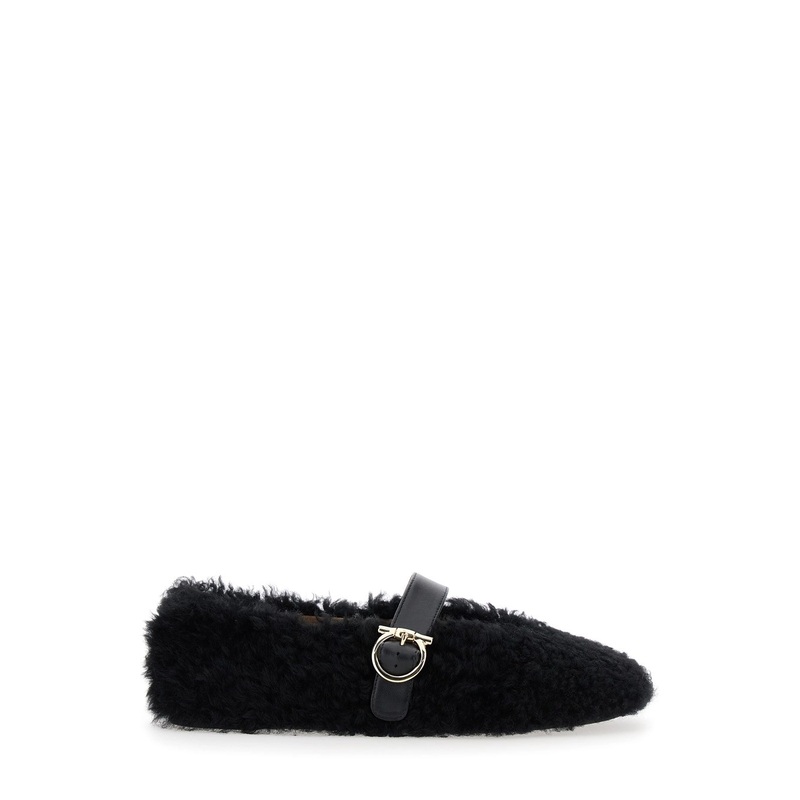 Black Ballerinas with Shearling Design and Buckle in Leather Woman