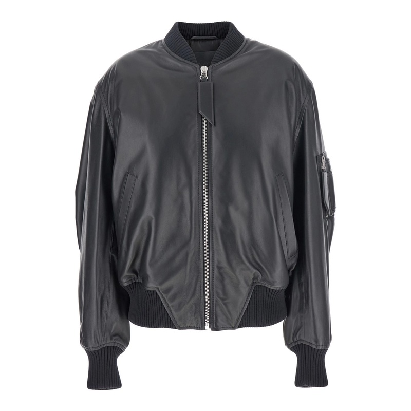 Black Bomber Jacket with Zip Closure in Leather Woman