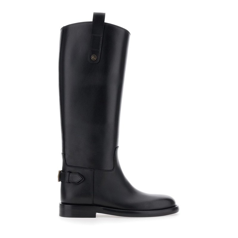Black Boots with Side Logo Plaque in Leather Woman
