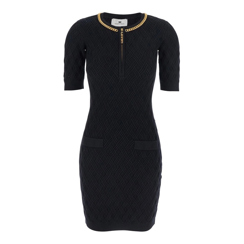 Black Crewneck Dress with Chain Detail on the Collar in Wool Woman