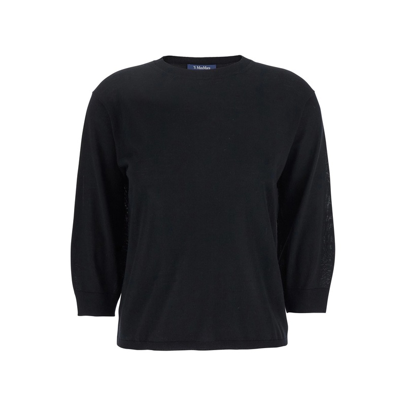 Black Crewneck Sweater with Three-Quarter Sleeves in Virgin Wool Woman