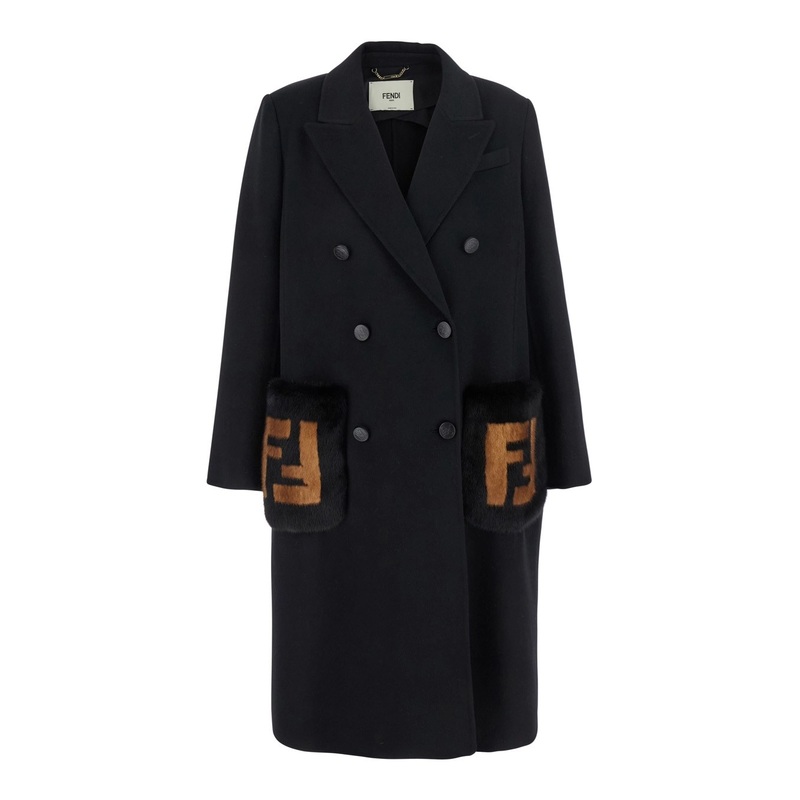 Black Double-Breasted Coat with FF Logo on the Pockets in Wool Woman