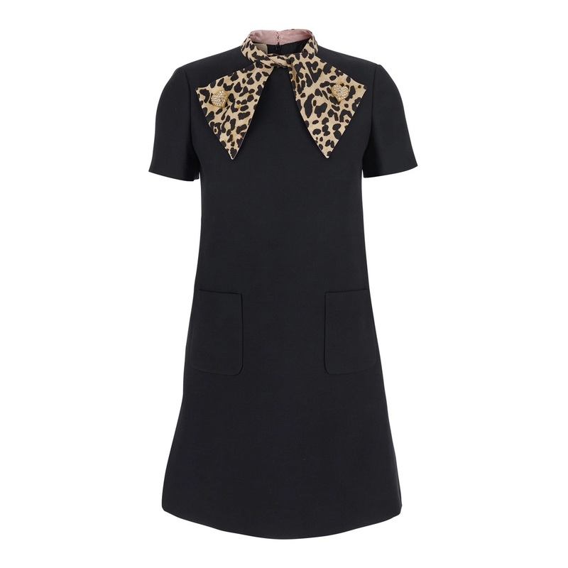 Black Dress with Bow on Front and Leopard Print in Wool Blend Woman