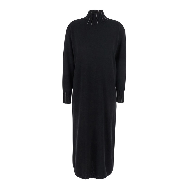 Black High Neck Dress with Rhinestone Details in Wool Blend Woman