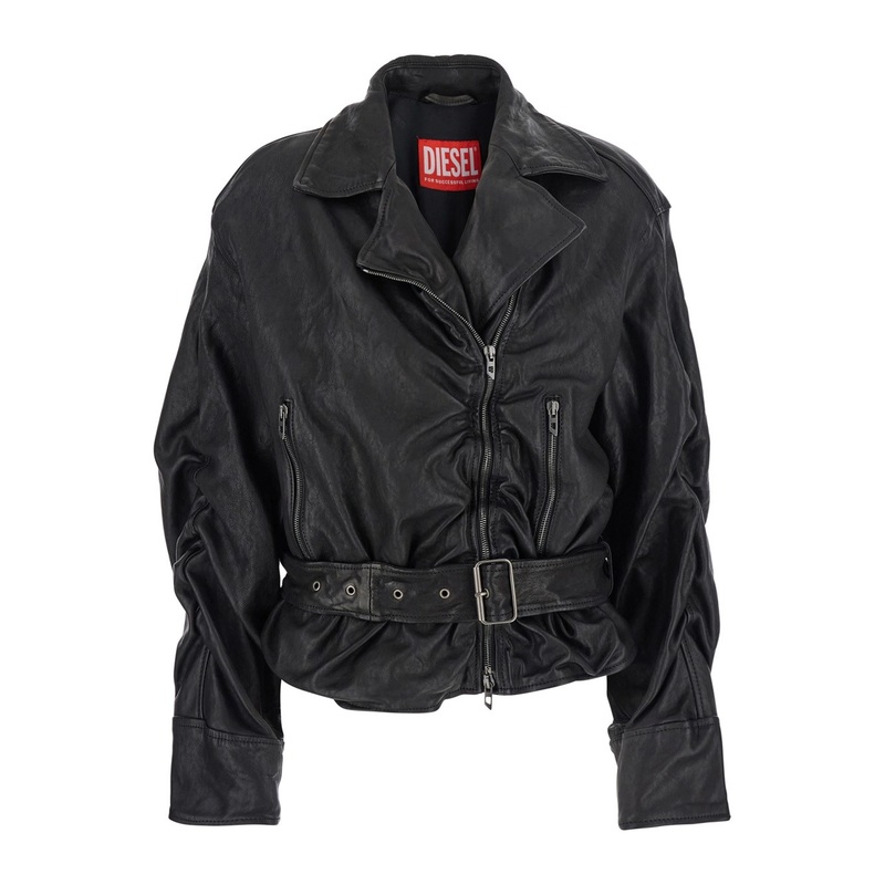 Black Jacket with Classic Lapels and Crumpled Design in Leather Woman
