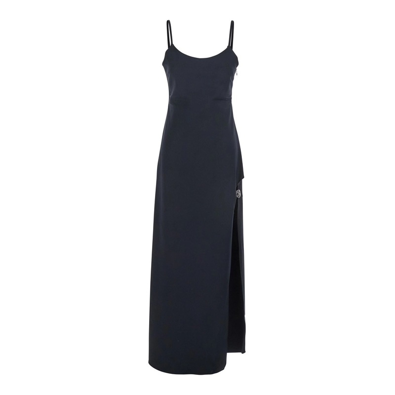 Black Long Dress with Thin Straps and Side Logo Plaque in Fabric Woman