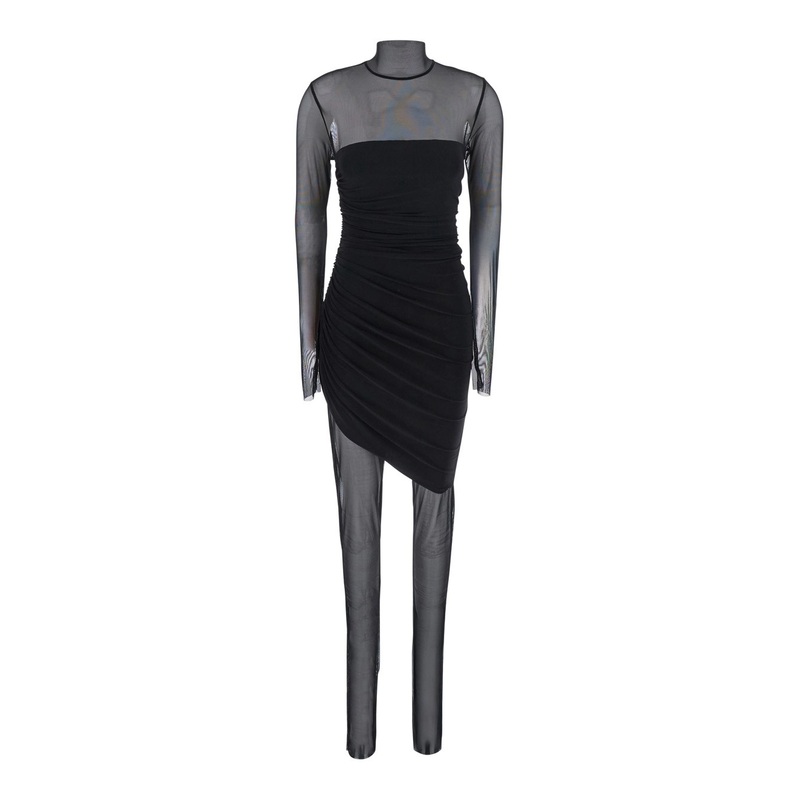 Black Mini Dress with Asymmetric Hem and Mesh Sleeves in Tech Fabric Woman