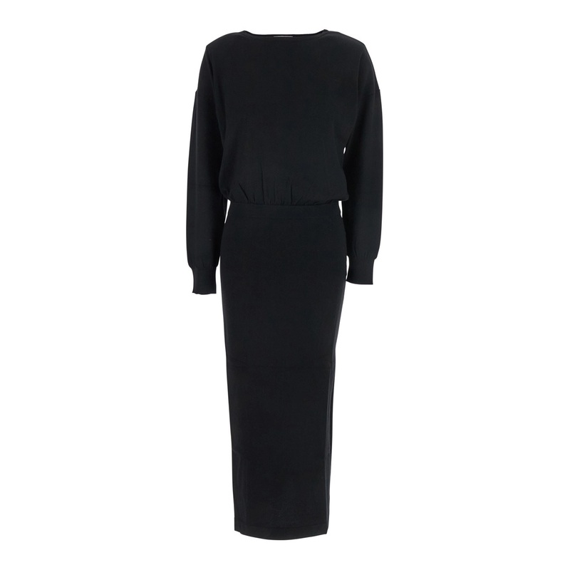Black Round Neck Dress with Draped Waist in Wool Blend Woman