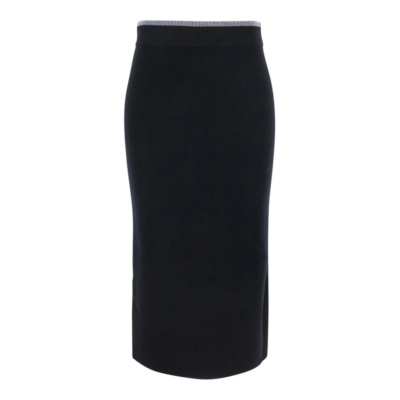 Black Skirt with Ribbed High Waist and Logo Patch on the Rear in Wool Woman