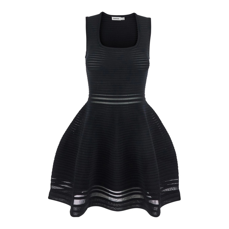 Black Square Neck Dress with Flared Skirt in Fabric Woman