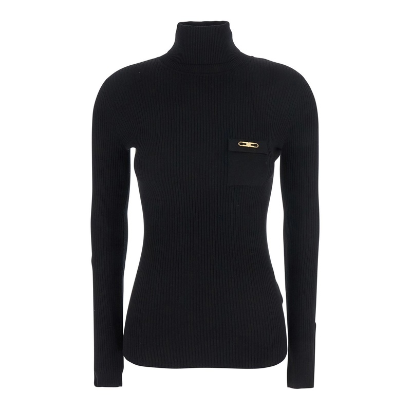 Black Turtle-Neck Jumper with Logo Plaque on the Front in Fabric Woman