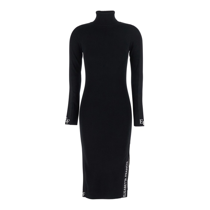 Black Turtleneck Dress with Logo Lettering on the Side in Wool Woman