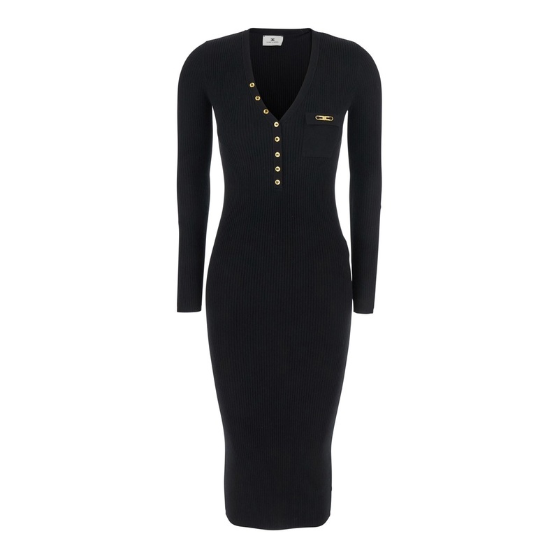 Black V-Neck Dress with Logo Plaque on the Front in Fabric Woman