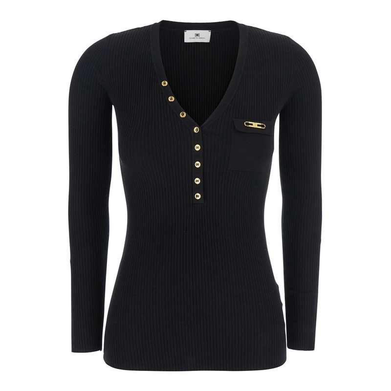 Black V-Neck Sweater with Logo Plaque on the Front in Fabric Woman