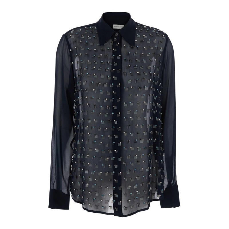 Blue Shirt with Pointed Collar and All-Over Crystal Application in Viscose Woman