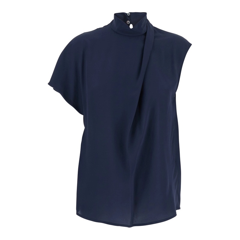 Blue Top with High Neck and Asymmetrical Design in Fabric Woman