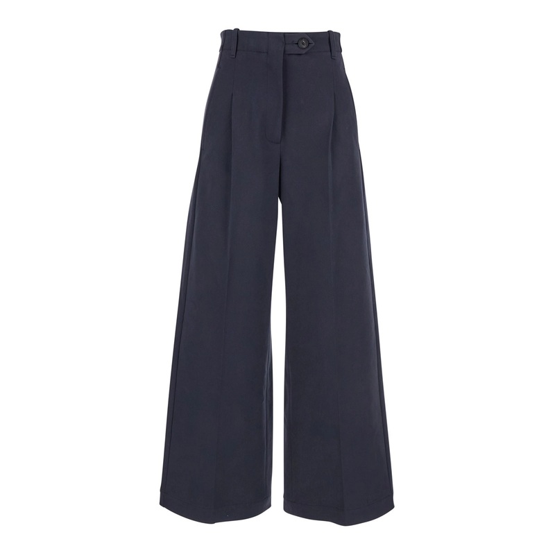 Blue Wide Leg Trousers with Front Pleats in Cotton Woman