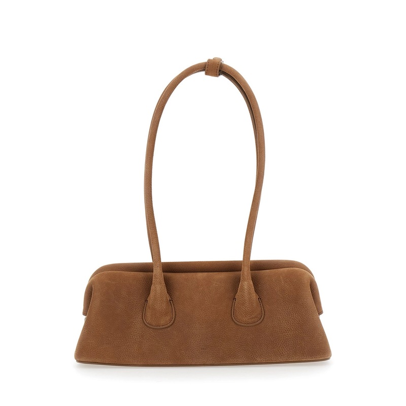‘Boat Wide Mini’ Brown Shoulder Bag with Round Handles and Logo Lettering on the Front in Nubuck Leather Woman