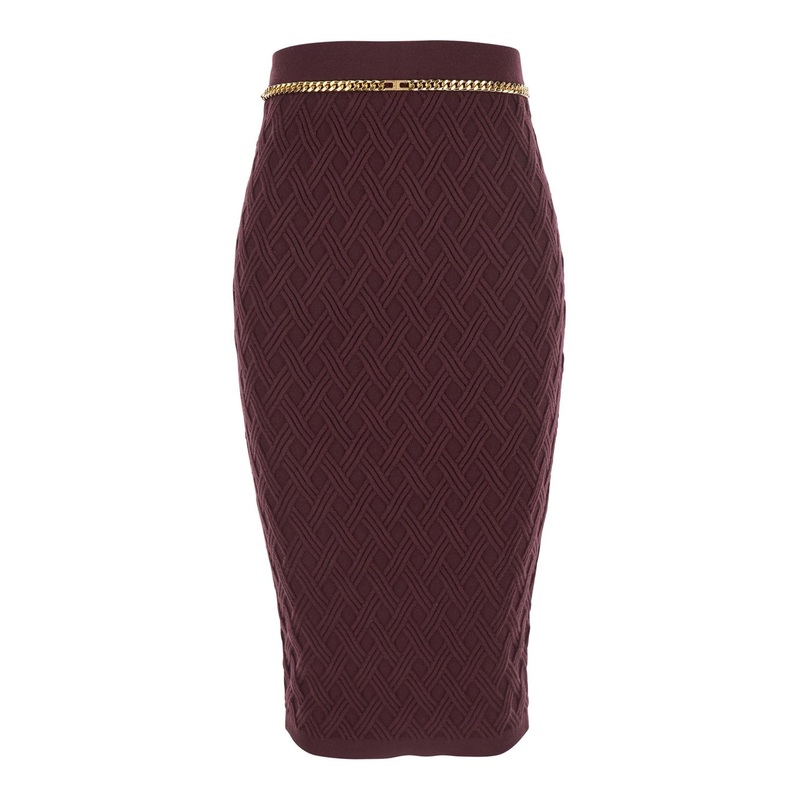 Bordeaux Diamond Quilted Midi Skirt with Chain Belt on the Waist in Wool Woman