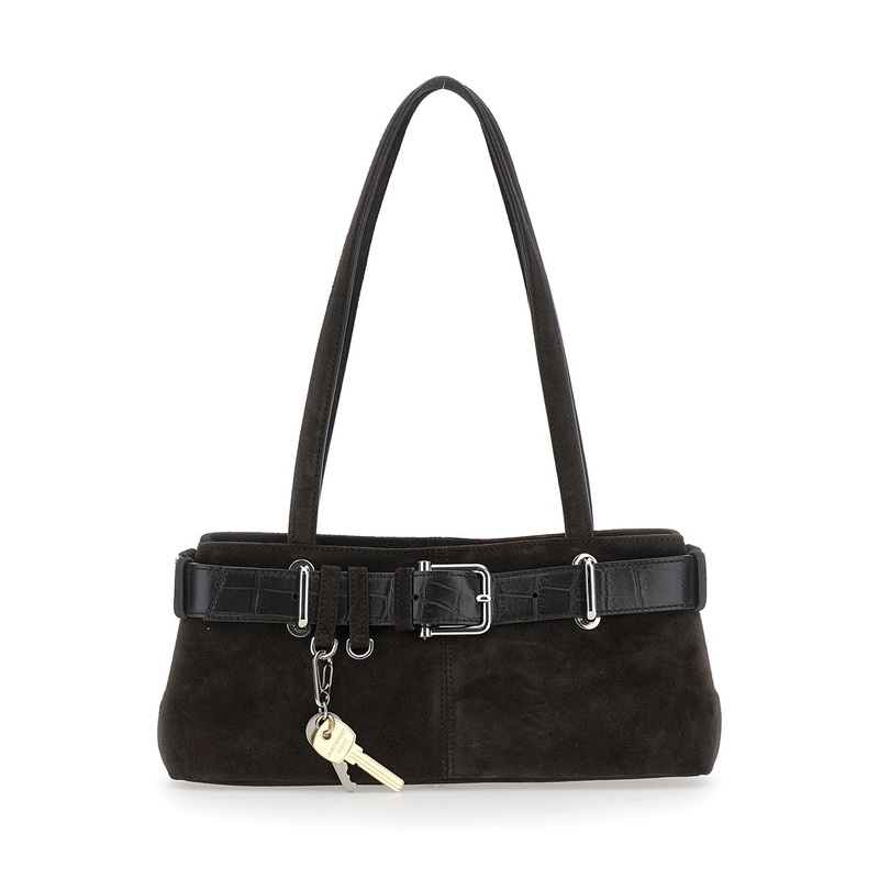 ‘Brocle’ Brown Shoulder Bag with Belt and Pendant Key Details in Suede Woman