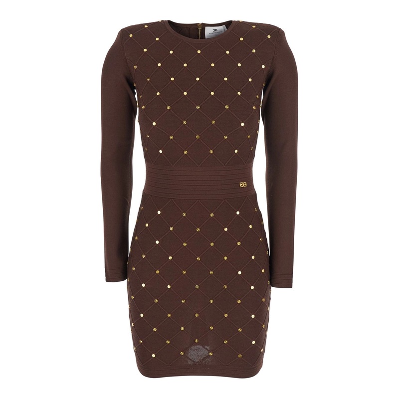 Brown Crewneck Diamond Quilted Dress with All-Over Embellishments in Wool Woman