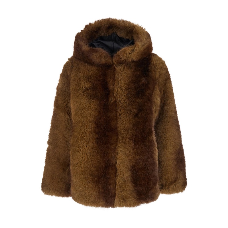 Brown Fur Coat with Fixed Hood in Faux Fur Woman
