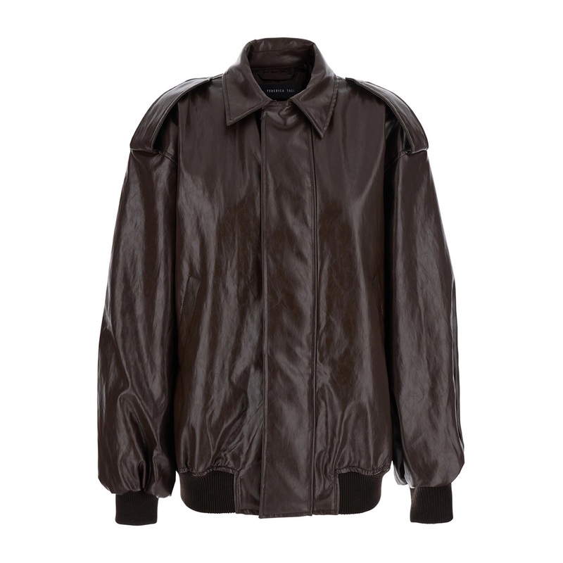 Brown Jacket with Classic Collar and Dropped Shoulders in Leather Woman