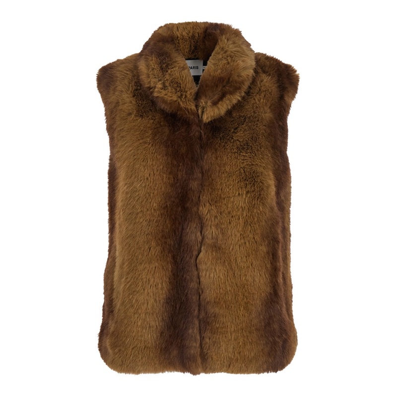 Brown Sleeveless Coat with Hidden Front Fastening in Faux Fur Woman