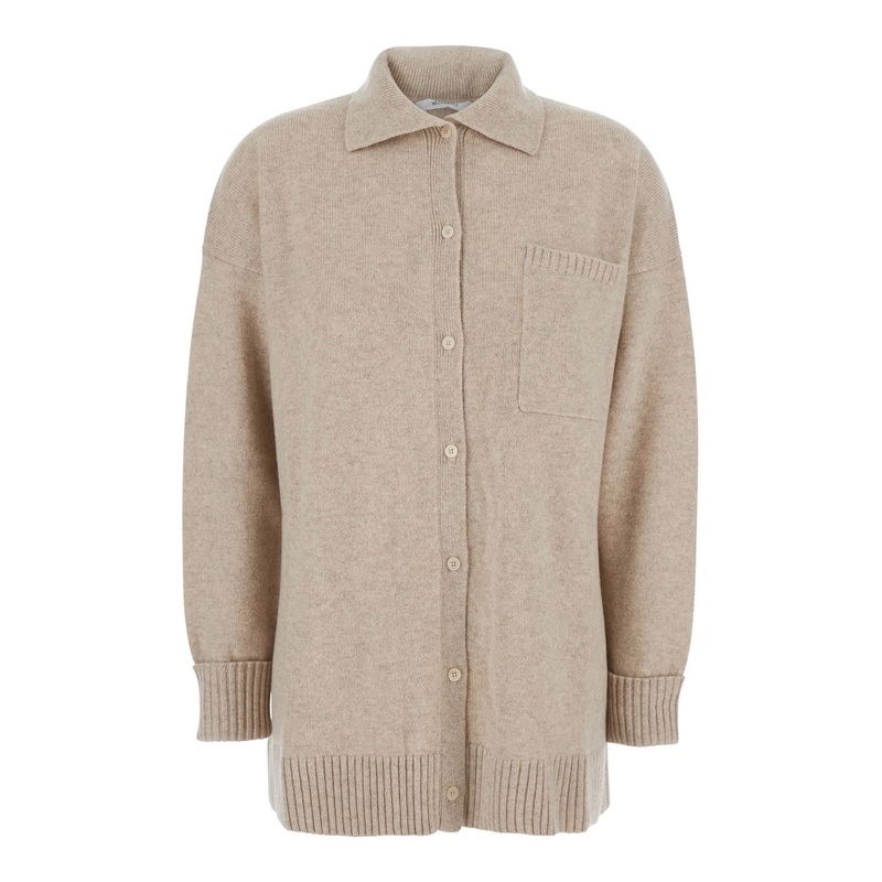 ‘Bull’ Beige Cardigan with Classic Collar and One Front Patch Pocket in Cashmere Woman