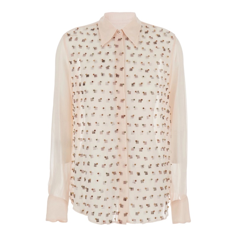 ‘Chowy’ Pink Shirt with Classic Collar and Rhinestone Embellishments on the Front in Viscose Woman