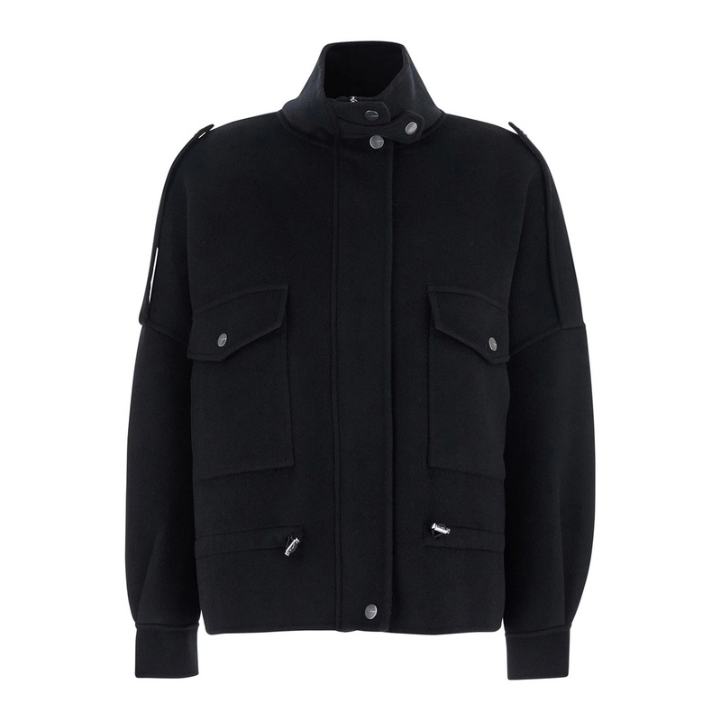 ‘Crostino’ Black Jacket with Collar with Buttons and Front Pockets in Wool Blend Woman